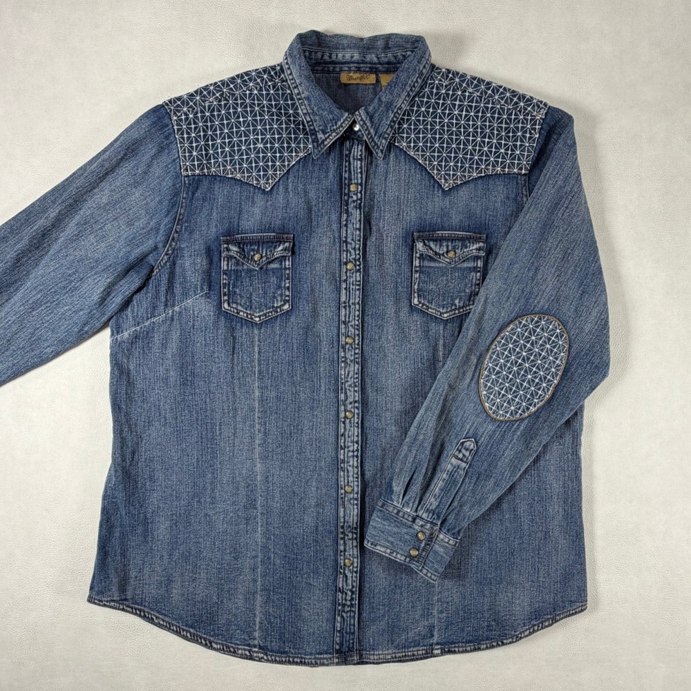 Wrangler Womens XXL Blue Denim Western Shirt Embroidered Yoke Elbow Patch Retro